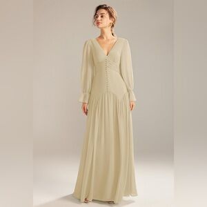 AW Bridal Cream Drop-Waist Flutter Long Sleeve Dress Maxi - Size 6 women’s